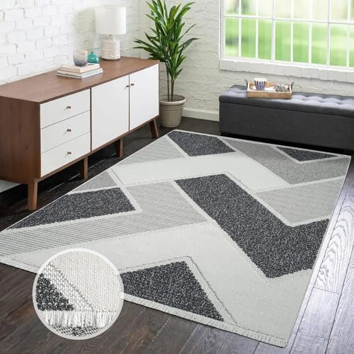 carpet city Teppich Kurzflor Wohnzimmer - Grau - 200x290 cm - Teppiche Fransen Boho-Style - Geometrisches Muster - Schlafzimmer, Esszimmer