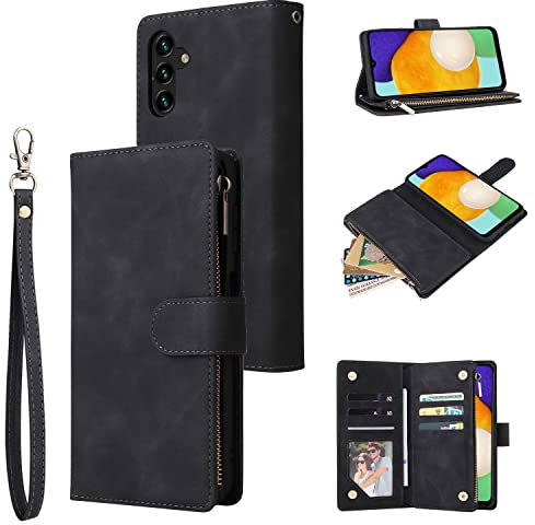 QLTYPRI Hülle für Samsung Galaxy A55 5G, Premium Leder Handyhülle mit Große Kapazität 6 Kartenfach & 1 Reißverschluss Tasche Ständer Schutzhülle für Samsung Galaxy A55 5G - Schwarz