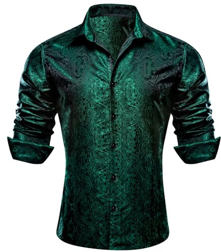 Barry.Wang Men Dress Shirts Paisley Silk Long Sleeve Button Big and Tall Down Shirt Fashion Leisure Wedding Party Prom Green S-3XL