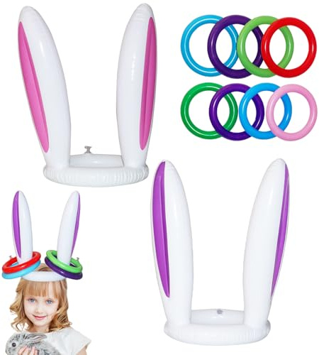 Juego de Lanzamiento Anillos Inflable para Niños Adultos,Divertido Juegos Piscina con 2 Conejo 8 Anillos Inflable,Juegos Jardin Al Aire Libre Niños Adultos,Juego Familiares para Fiesta de Pascua