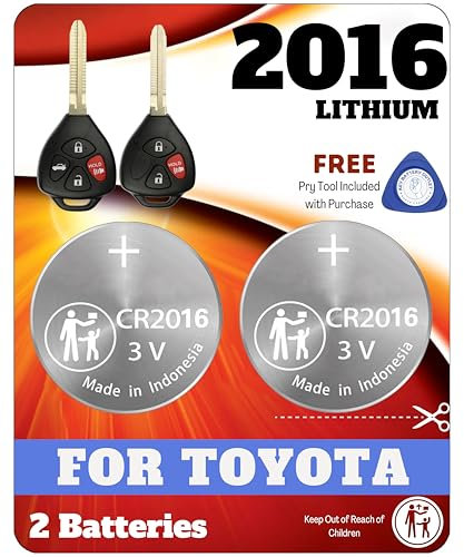Batería de llavero para Toyota CR2016 (2 unidades) OEM de repuesto para Toyota Camry Corolla Highlander 4Runner Avalon Prius C Sequoia Tacoma Tundra Smart Key (HYQ12BBY, HYQ12BDC) Comprueba la guía de