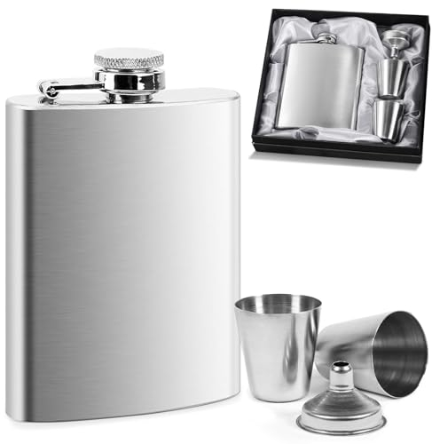 Flachmann Geschenkset, Flachmann Personalisiert 200ML, Flachmann aus Edelstahl 304 mit Edelstahl Becher, Trichter, für Männergeschenke Vatertagsgeschenke, Schwarze Geschenkbox (Silber)