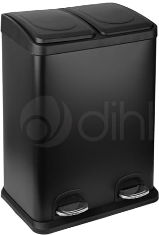 Dihl 40L Stainless Steel Pedal Bin with Dual 20L Removable Buckets, Double Twin Recycle Bin, Black, 40 Litre Capacity