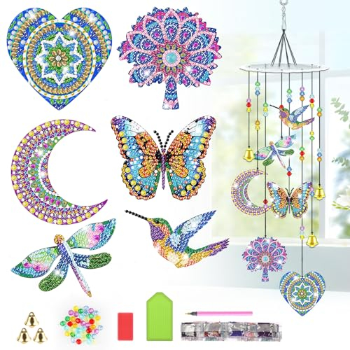 Lxmsja Mandala Diamond Painting Sonnenfänger Windspiel Bastelset Kinder Erwachsene, Windspiel Bastelset Spielzeug, 5D Diamond Painting Anhänger, Basteln Geschenk Mädchen 7 8 9 10 11 Jahre