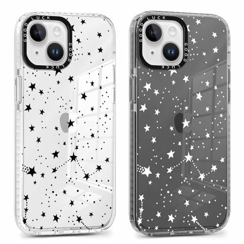 Foonary 2 Pack Clear Print Phone Case for iPhone 14/13, Slim Soft Silicone with Star Design Aesthetics Transparent Pattern Cases, Shockproof Bumper Protector Cover for Girls