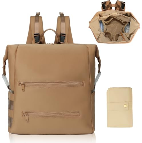 MISS FONG Baby-Wickeltasche, Wickelrucksack, Neopren, großer Windelrucksack, Reise-Babytaschen mit 15 Babytaschen-Organizer, faltbare Wickelunterlage, Kinderwagengurte für Mütter und Väter, Braun