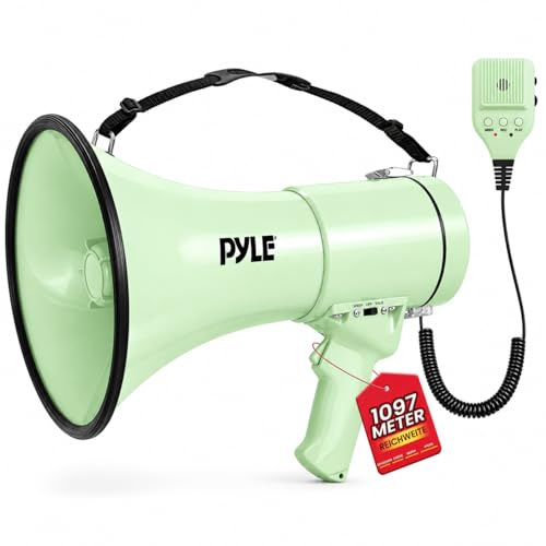 Pyle Mégaphone 50W-Haut-Parleur Portable avec Sirène Intégrée, Enregistrement, Bluetooth et AUX et Batterie Rechargeable, Mégaphone Porte-Voix avec Micro et Bandoulière