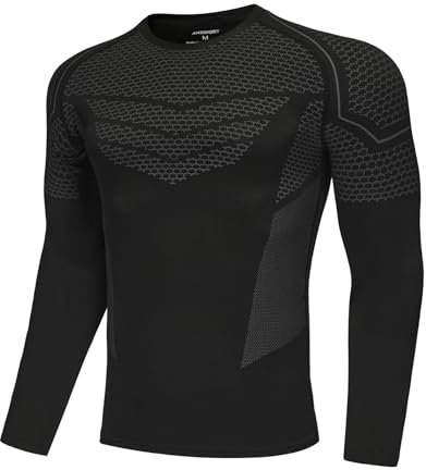 AMZSPORT Maglia Compressione Uomo Maglia Termica Manica Lunga Maglietta Palestra Compression Shirt Ciclismo Running Sportiva, Nero, L