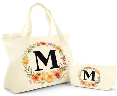 Personalisierte Initialen Einkaufstasche Tote Bag, Canvas Einkaufstasche mit Reißverschluss, Geschenk für Frauen Mama Brautjungfer Geschenk für Geburtstage, Weihnachten, Team Building Geschenke（M）