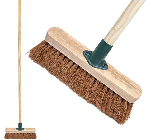 10” Soft Broom Natural Coco Bristles with Wooden Handle Durable Support Bracket Sweeping Brush Indoor for Cleaning Wooden Floor, Patios, Garage, Decking & Paving Slabs(Soft Coco Bristles, Pack of 1)