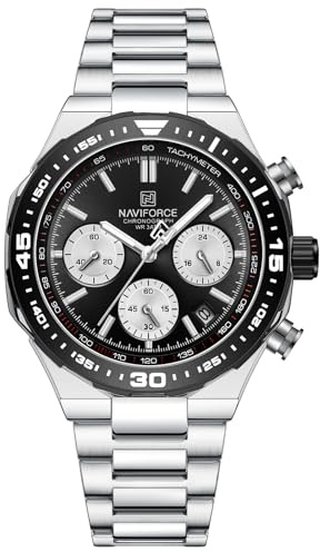NAVIFORCE Orologio da polso da uomo con cronografo sportivo a energia solare, tattico militare, 12/24 ore, lancette luminose, cinturino in acciaio inox, impermeabile fino a 3 atm