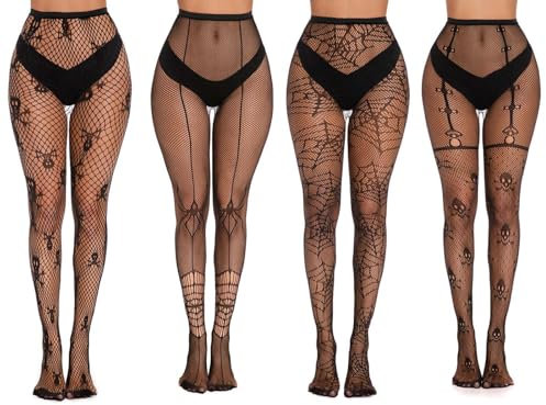 EnixwH 4 Paar Halloween Stockings Schwarze Strümpfe, Netzstrumpfhose Schwarz, Netzstrümpfe Schädel Spinnennetz Hohe Taille Mesh Strumpfhosen Strümpfe, Netzstrumpfhose Strumpfhosen für Frauen