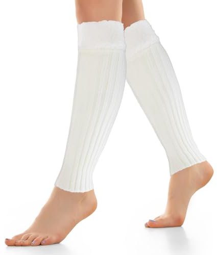 Leg Warmers, Long Leg Warmer for Women Girls, Knit Ankle Leg Warmers for Winter, Fleece Boot Cuff Socks, Athletic Stretch Knee High Leg Socks Birthday Xmas Gift for Girls A9JRMXWT (White, 40cm)