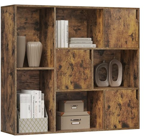 WOLTU Bücherregal mit 8 Fächern, Regal mit 3 Türen, Standregal Aktenregal Ordnerregal, Aufbewahrungsregal für Büro Wohnzimmer Arbeitszimmer, 106x96x30 cm, Rustikales Braun, SK056vbn