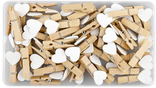 Bojueshaw 50pcs Mini Pegs, Wooden Heart Pegs,Wooden Photo Display Clips,Small Clothes Peg,for DIY Arts and Crafts, Weddings Events Decorations(White)