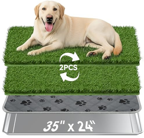 Grande Tappeto Erboso per Cani con Vassoio, Lettiera per Cani in Acciaio Inox 35x24 con Tappetini di Erba Artificiale Riutilizzabili 2P, Tappetino per Pipì Lavabile per Uso Esterno Interno Balcone
