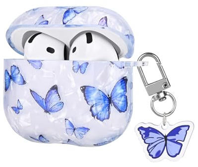 DiyGody Glitzernde Tasche Kompatibel mit Airpods 4 Generation 2024 mit Schlüsselanhänger, Ultradünn TPU Schutzhülle mit Blauer Schmetterling Muster, Stoßfeste Anti-Rutsch Anti-Staub Kein Geruch Hülle