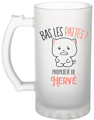 Planetee Chope Hervé Bas les pattes Chat | Verre à bière Originial Cadeau Anniversaire Noël Humour fête des pères