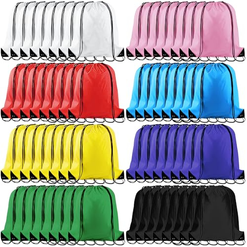 OJMHD 64 Pcs Drawstring Sport Backpack Bulk, String Gym Bags for Kids | 12 L Waterproof Cinch Bag for School Travel Swimming Camping Climbing Cycling Picnic Storage Party, 8 Colour, 34 x 43 cm