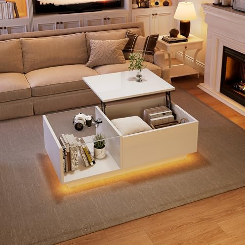 Mesa baja elevable con iluminación LED, mesa de salón con cristal estante y espacio de almacenamiento abierto, 100 x 50 x 33 cm, mesas bajas extensible 3 en 1 con bandeja elevadora y almacenamiento