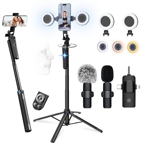 71 Phone Tripod Vlogging Kit for iPhone/Android | 360° Auto Face Tracking Tripod with Dual LED Light & Wireless Mics, Extendable Selfie Stick for Content Creators