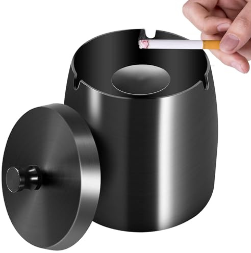 Binnan Aschenbecher, Aschenbecher für Draussen, Aschenbechers mit Deckel, Aschenbechers aus Edelstahl, Sturmaschenbecher als Windaschenbecher für zu Hause, Büro, Schreibtisch, Terrasse, (Black)