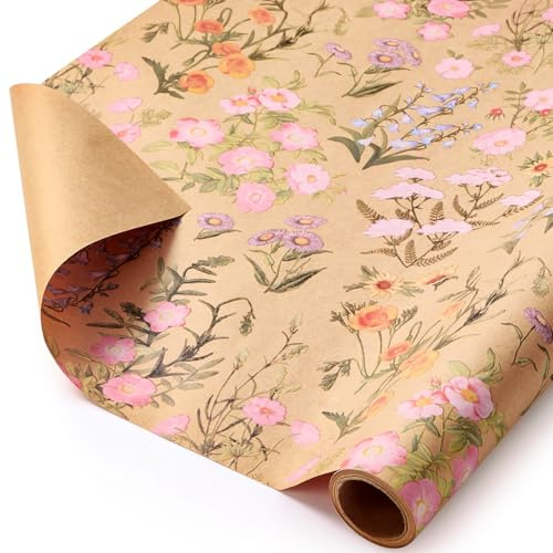 WERNNSAI 1 Roll Kraft Floral Wrapping Paper 43cm x 5m Wildflower Gift Wrap | Floral Kraft Gift Wrapping Paper for Girls Women Birthday Wedding Bridal Shower Mother's Day Present Packing