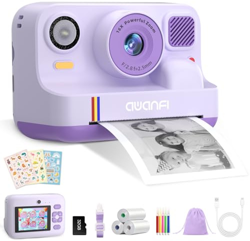 Kinderkamera Sofortbildkamera, 1080P Sofortbildkamera Kinder mit 32GB Karte | 2,4 Zoll Digitalkamera Kinder Sofortdruck mit 3 Rollen Druckpapier, Geschenk für Jungen und Mädchen 3-12 Jahren, Lila