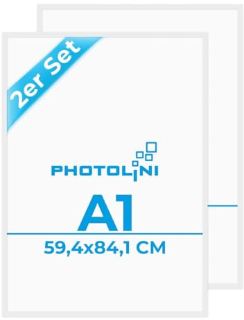 PHOTOLINI Bilderrahmen A1 Holz MDF, DIN A1 Bilderrahmen Weiß, 2er Set Poster Rahmen 59,4x84,1 cm, Posterrahmen 60x84 mit bruchsicherem Acrylglas, zum Aufhängen & Zubehör - Frame für Fotos & Poster