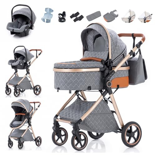 Zkiprm 3-in-1 Kinderwagen Reisesystem mit Autositz | Faltbarer Kinderwagenset | Höhenverstellbarer Griff | inkl. Regenschutz, Fußsack, kühlende Einlage, Getränkehalter & mehr | für 0 bis 3