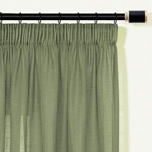 Salbeigrün Vorhänge Leinen Kräuselband-Gardinen Hellgrün Schlafzimmer Wohnzimmer Modern für Schienensystem mit Haken Halbtransparent Lichtdurchlässig Gardine Boho Curtains Deko 140x245 cm 2er set