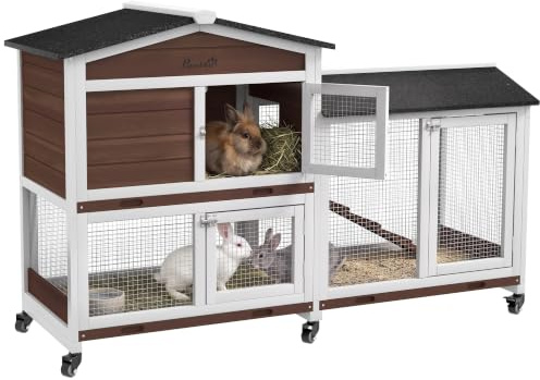 PawHut Hasenstall 2 Etagen Kaninchenstall aus Holz 157,4 x 53 x 99,5 cm Kaninchenkäfig mit wetterfest Bitumendach, Freilaufgehege, Rampe, Tür, Stahlgitter, Hasenkäfig für Kaninchen, Outdoor Braun