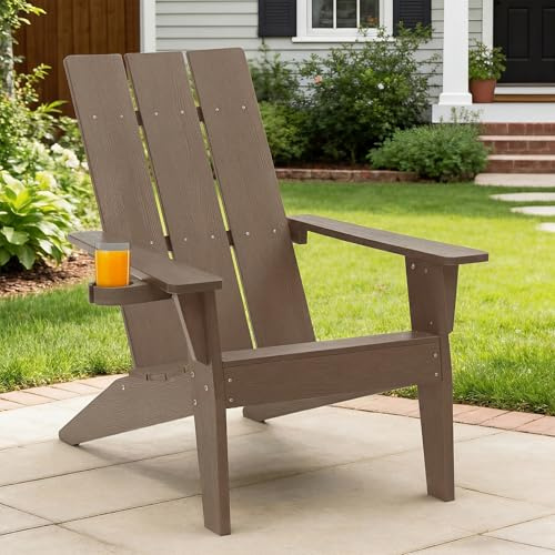 Adirondack Stuhl mit Getränkehalter für Outdoor Garten: Wetterfest Adirondack Chair Kunststoff HIPS - Ergonomisch Adirondack Relaxsessel Outdoor Stuhl für Balkon/Feuerstelle/Terrasse/Beach(Teak)