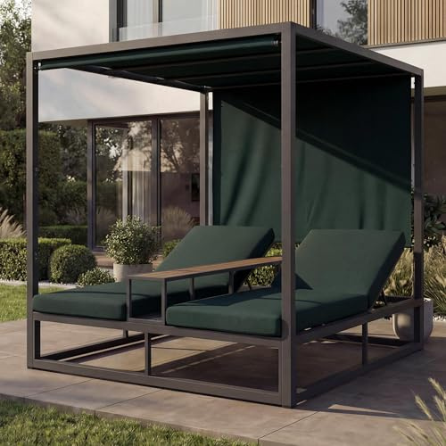 Mendler Alu Lounge-Gartenliege HWC-P81 - dunkelgrau, Polster dunkelgrün | Sonnenliege, Daybed, 10cm-Polster, 220g/m², 196x165x196cm