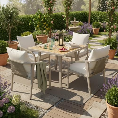 BTM 4 Seater Garden Dining Set, Galvanized Iron Frame Outdoor Patio Furniture,Includes 4 chairs and 1 table, plastic wood tabletop, chairs with woven rope, tabletop with umbrella holes, Beige