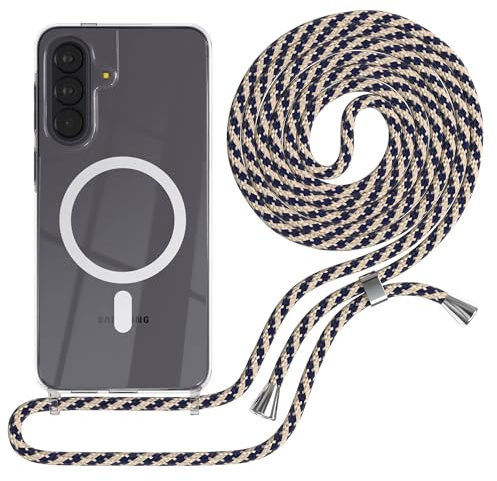 EAZY CASE - Handykette kompatibel mit Galaxy A57 Kette zum Umhängen Stoßfest Handyhülle für Galaxy A57 Silikon Hülle mit Band Handytasche Transparent als Fallschutz in Taupe Camouflage - Clips Silber