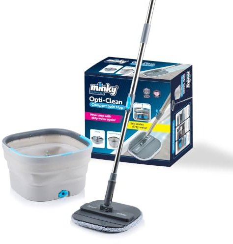 Minky Opti Clean Compact Spin Mop, 360° Spin & Rinse, Collapsible Bucket