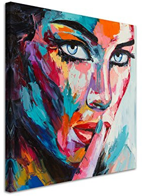 Paul Sinus Art Leinwandbild 60x60cm Buntes modernes Ölgemälde – Frau mit blauen Augen auf Leinwand exklusives Wandbild moderne Fotografie für ihre Wand in vielen Größen