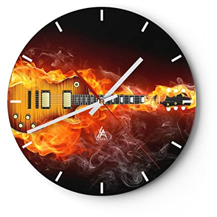 Modern Wanduhr Feuer Gitarre Instrument 40x40cm Rund Groß Wand Uhr Glas Analog Zimmeruhren Küche Büro Wohnzimmer Glasuhr Wall Clock Dekoration Design Wanddekoration Küchenuhr C3AR40x40-0197