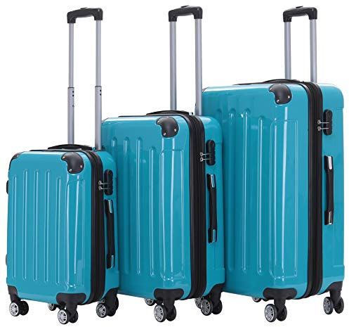 BEIBYE Hartschalen Koffer Trolley Rollkoffer Reisekoffer 4 Zwillingsrollen Polycabonat (Türkis, Kofferset)