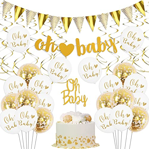 Kreatwow Baby Shower Dekorationen Gold und weiß Geschlecht Neutral Liefert Jungen oder Mädchen mit “oh Baby” Brief Banner Cake Toppers Konfetti Ballons und Gold Swirl Pack