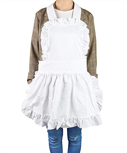 Damen Schürze Weiß Rüschen, Niedlicher Rüschensaum Küche Einfarbige Schürze Dirndlschürze Spitze Hausmädchen Kostüm Geeignet für Küche 85 * 65cm