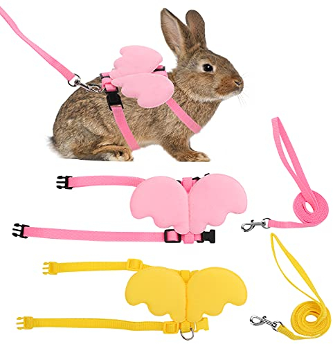 Molain 2-teiliges Kaninchengeschirr und Leine verstellbares Kaninchengeschirr Katzengeschirr Weste und Leine süßes Flügel Haustiergeschirr Set für Kaninchen Katzen Hunde Welpen Kätzchen(gelb + pink)