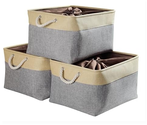 Mangata 3 Stück aufbewahrungskorb Stoff, aufbewahrungsbox groß Schrank, Korb aufbewahrung Stoff mit Seil für Spielzeug, kleiderschrank, Regale, Kleidung (Faltbare,XXL, Grau Beige)