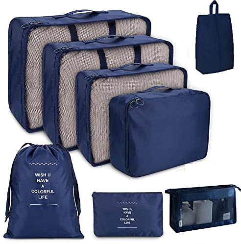 Reise-Verpackungswürfel, 8-teiliges Set Reisewürfel, faltbare Gepäckaufbewahrungstasche, leichte Gepäckaufbewahrungstasche (Marineblau)