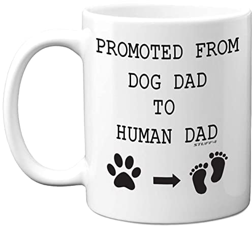 Stuff4 Promoted from Dog Dad to Human Dad Mug, 11oz Ceramic Dishwasher Safe Premium Mugs, Baby Shower Gifts, New Gifts, New Parents to Be Mum and White