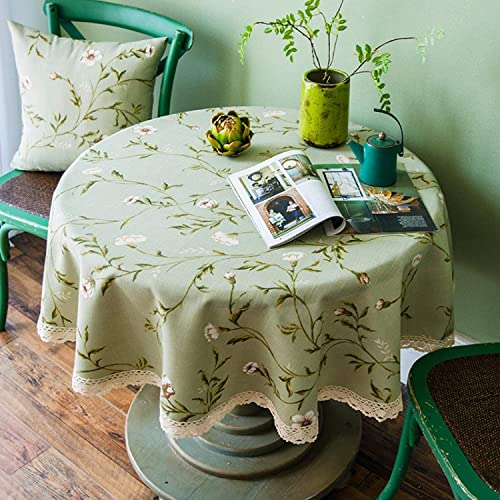 Ricemru Rund Tischdecke 140cm Baumwolle Leinen Grün Französischer Landhausstil Tafeltuch Vintage Blumen Waschbar Tischwäsch mit Häkelkante,Gartentischdecke Hochzeit Party Restaurant Deko