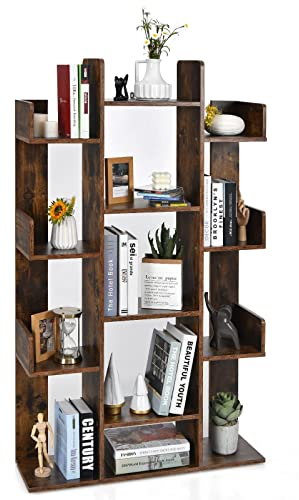 COSTWAY Bücherregal im Baumform, Aktenregal mit 13 Ablagen, Standregal Ecke, Büroregal freistehend, Dekoregal bis 90 kg, Raumteiler für Wohnzimmer & Büro, Vintagebraun, 86x23,5x140,5cm