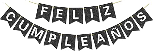 Pancarta de Feliz CumpleañOs preencordada, sin bricolaje, con letras brillantes, pancarta de Feliz CumpleañOs con purpurina para decoraciones y suministros de fiesta de cumpleaños negros