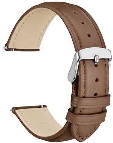 WOCCI 18mm Blumen Uhrenarmband für Damen, Echtes Leder, Schnellverschluss, Silberne Schnalle (Braun)